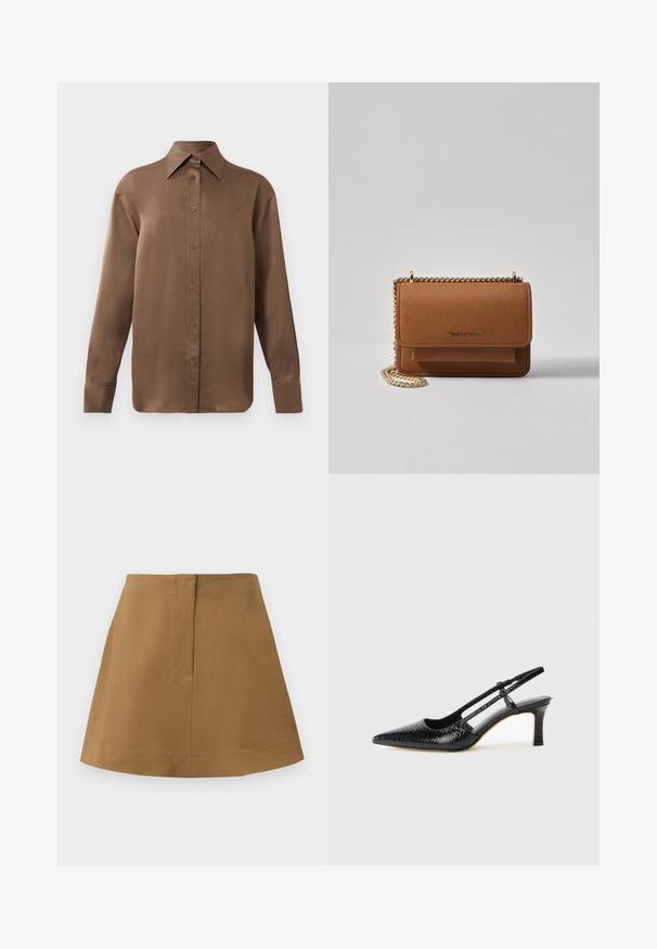 Brown long-sleeve button-up shirt with pointed collar and cuffs, displayed against a plain white background.; Brown skirt with a flared silhouette, made of a smooth fabric. Features a simple waistband and a back seam detail.; Black patent slingback heel with a pointed toe, featuring textured snake print, adjustable strap, and a short, textured block heel.; Brown textured leather crossbody bag with gold chain strap and flap closure. Front features logo detail and a pocket under the flap.