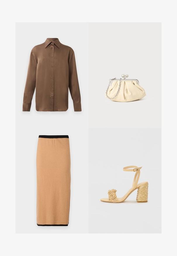 Rjav dolg rokav s srajco s gumbi in koničastimi ovratniki in manšetami, prikazana na enostavni beli podlagi.; Knee-length, camel-colored pletena krila z črnim elastičnim pasom in gladko teksturo. Preprost dizajn, brez vidnih vzorcev ali akcentov.; Beige sandala na visokom potplatu s pletenom teksturom, s dekorativnim cvijetom i remenom oko gležnja. Kvadratna peta osigurava stabilnost.; Zavihani bež usnjeni nahrbtnik s srebrnim kovinskim okvirom, ki ima dve okrogli okrasni zaponki in srebrno verižico.