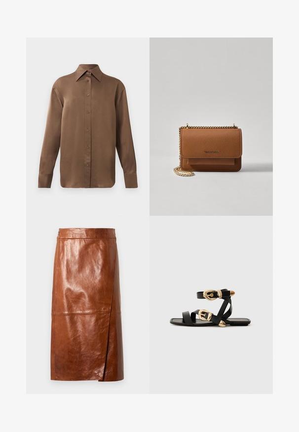 Chemise marron à manches longues avec un col et des poignets pointus, présentée sur un fond blanc uni.; Jupe en cuir marron, longueur genoux, avec une légère fente à l'avant et une taille ajustée, présentée sur un fond clair.; Sandales en cuir noir avec des accents de boucles dorées, présentant plusieurs brides et un design de semelle plate pour un port ouvert.; Sac en cuir texturé marron en bandoulière avec une sangle en chaîne dorée et une fermeture à rabat. L'avant présente un détail de logo et une poche sous le rabat.