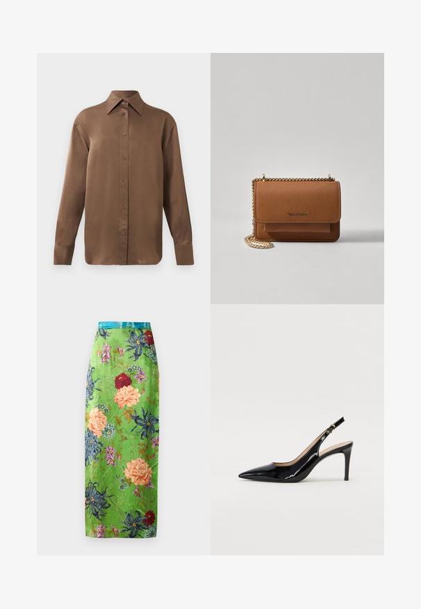 Brūns garās piedurknes pogājamais krekls ar norādītu apkakli un aprocēm, izlikts pret vienkāršu baltu fonu.; Ziedoša midi svārku kleita zaļā satīnā, kas rotāta ar krāsainiem uzzīmējumiem rozā, zilā un sarkanā krāsā. Pabeigta ar zilo jostu un sarežģītiem rakstiem.; Melnas lakotās ādas slingback kurpes ar izteiktu degunu, šauru papēdi un smalku izgriezumu dizainu. Siksniņai ir zelta sprādze.; Brūna teksturēta ādas plecu soma ar zelta ķēdes siksnu un atloka aizdari. Priekšpusē ir logotipa detaļa un kabata zem atloka.