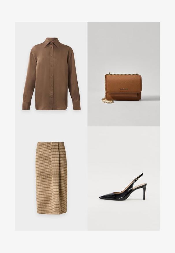 Brown long-sleeve button-up shirt with pointed collar and cuffs, displayed against a plain white background.; Weekend Max Mara DEBORAH - Pencil skirt - cammello; Black patent leather slingback pump with pointed toe, slim heel, and a subtle cutout design. Features a gold buckle on the strap.; Brown textured leather crossbody bag with gold chain strap and flap closure. Front features logo detail and a pocket under the flap.