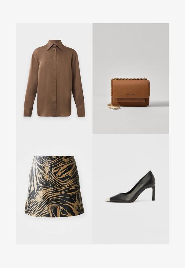Chemise marron à manches longues avec un col et des poignets pointus, présentée sur un fond blanc uni.; Jupe noire et dorée présentant un motif zébré, fabriquée en matériau lisse avec une coupe ajustée et un design taille haute.; Chaussure à talon haut en cuir noir avec bout pointu et capuchon argenté métallique. Présente une finition lisse et un talon fin de 10 cm.; Sac en cuir texturé marron en bandoulière avec une sangle en chaîne dorée et une fermeture à rabat. L'avant présente un détail de logo et une poche sous le rabat.