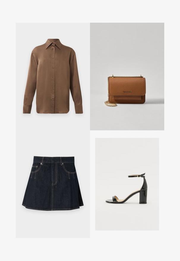 Hnědá košile s dlouhým rukávem, zapínaná na knoflíky, s špičatým límcem a manžetami, vystavená na jednobarevném bílém pozadí.; Džínová sukně tmavě modré barvy s rozšířeným designem, poutky na opasek, předními kapsami a kontrastním stehováním podél švů.; Černé lakované sandály s širokým podpatkem, otevřenou špičkou a řemínkem kolem kotníku se zlatou sponou. Hladký povrch a elegantní design.; Hnědá texturovaná kožená kabelka přes rameno se zlatým řetízkovým popruhem a klopnovým uzavíráním. Přední strana obsahuje detail loga a kapsu pod klopou.