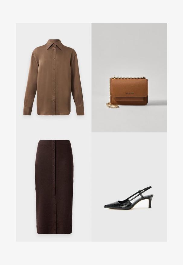 Barna, hosszúujjú, gombos ing, hegyes gallérral és mandzsettákkal, egyszerű fehér háttér előtt kiemelve.; Barna kötött szoknya bordázott derékkal és egyenes szabással. A hátsó részén végigfutó középső gombos állás jellemzi.; Fekete lakk slingback sarok, hegyes orral, texturált kígyómintával, állítható pánttal és rövid, texturált tömbsarkal.; Barna textúrájú bőr keresztbody táska arany lánc pánttal és fedélzárral. Az elején logó részlet és egy zseb található a fedél alatt.