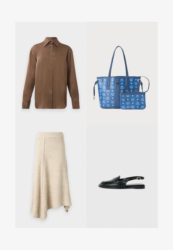 Brun langærmet skjorte med knapper, spids krave og manchetter, vist mod en simpel hvid baggrund.; Beige tekstureret nederdel med flæseholm, der har høj talje og asymmetrisk snit, lavet af blødt strikmateriale.; Sorte læder slingback sko med rund tå, flad sål, udskæring på siden og rem med guldfarvet hardwaredetalje.; Blå totebag med dobbelt håndtag, der har præget MCM-logo og diamantmønstre; inkluderer en aftagelig matchende pung. Glat tekstur.