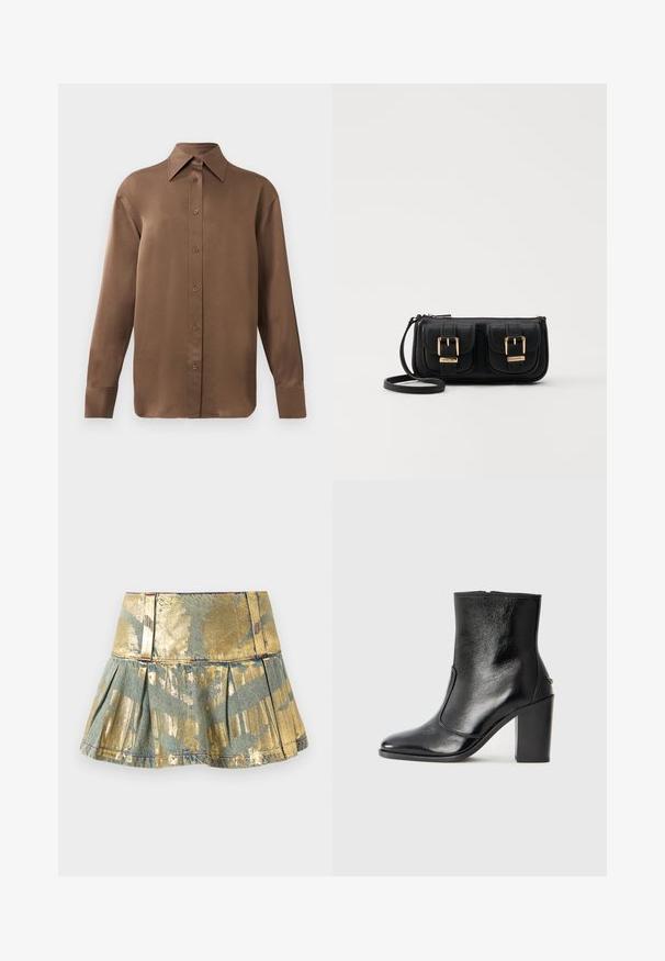 Cămașă lungă cu mânecă, de culoare maro, cu guler și manșete ascuțite, prezentată pe un fundal alb simplu.; Fustă din denim plisată aurie și teal, cu un finisaj lucios, având o talie ajustată și detalii de cusătură în contrast.; Botină din piele neagră, cu o textură netedă, vârf ascuțit și toc gros, înalt. Dispune de o deschidere laterală și un design minimalist.; Geantă neagră din piele, tip crossbody, cu două buzunare frontale, catarame aurii, închidere cu fermoar și o curea subțire. Suprafață texturată și formă rectangulară compactă.