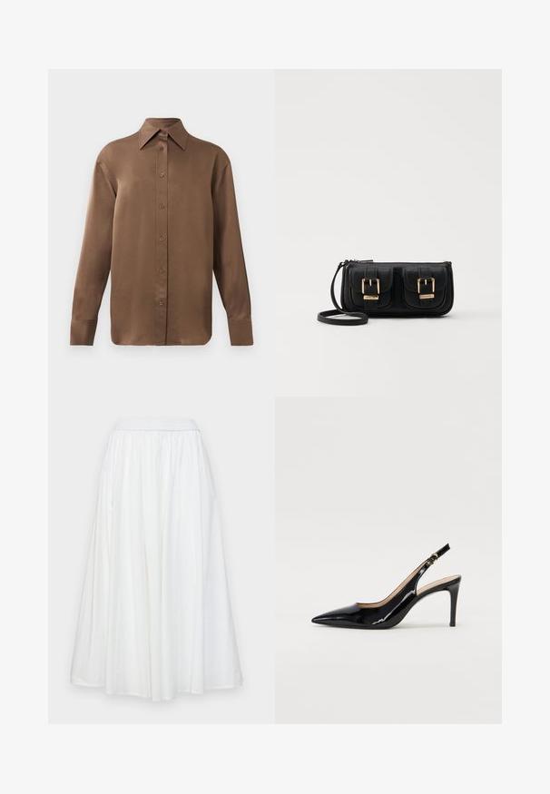 Cămașă lungă cu mânecă, de culoare maro, cu guler și manșete ascuțite, prezentată pe un fundal alb simplu.; Fustă albă, până la genunchi, făcută dintr-un material ușor. Are un tiv elastic și pliseuri netede, fluide, pentru o mișcare lejeră.; Pantofi slingback din piele patent neagră, cu vârful ascuțit, tocul subțire și un design discret cu decupaj. Se evidențiază printr-un cataramă aurie pe curea.; Geantă neagră din piele, tip crossbody, cu două buzunare frontale, catarame aurii, închidere cu fermoar și o curea subțire. Suprafață texturată și formă rectangulară compactă.