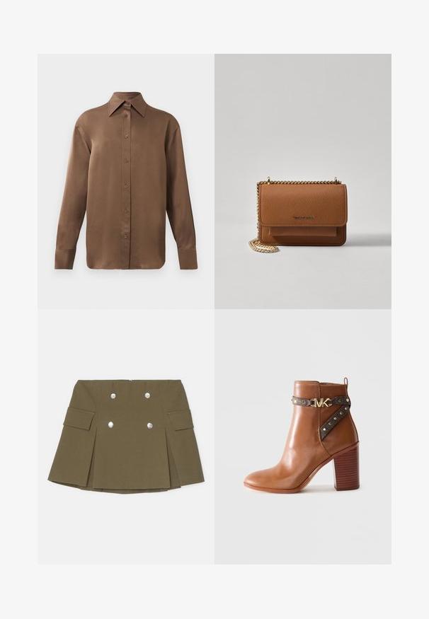 Brown long-sleeve button-up shirt with pointed collar and cuffs, displayed against a plain white background.; Olive green mini skirt made of textured fabric, featuring double-breasted silver button accents and side pockets with pleated design.; Brown leather ankle boot with stacked block heel, side strap featuring gold studs and a gold "MK" logo buckle.; Brown textured leather crossbody bag with gold chain strap and flap closure. Front features logo detail and a pocket under the flap.