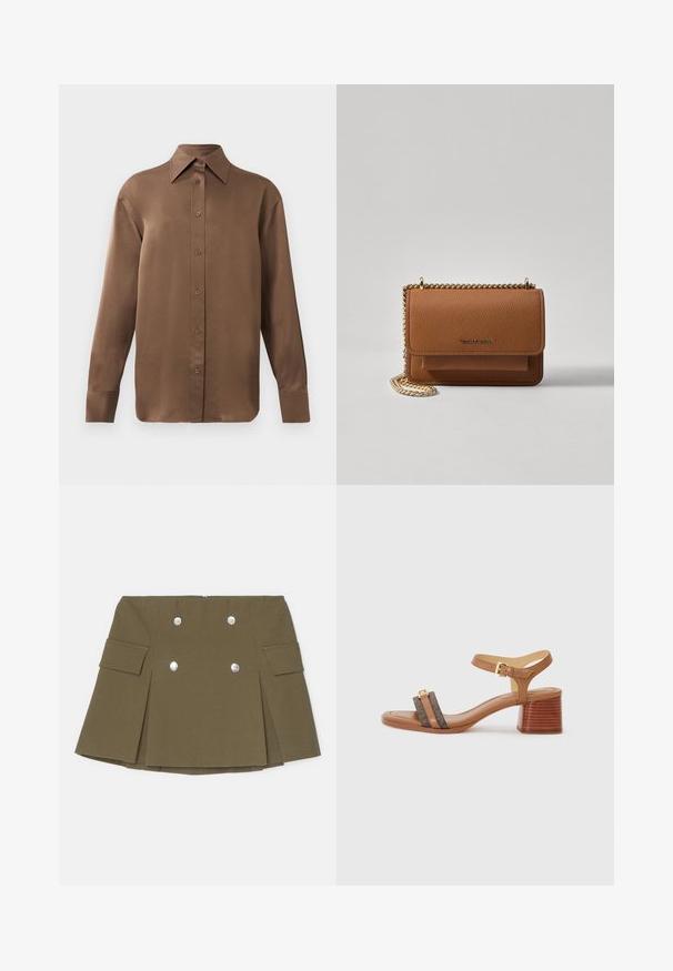 Brown long-sleeve button-up shirt with pointed collar and cuffs, displayed against a plain white background.; Olive green mini skirt made of textured fabric, featuring double-breasted silver button accents and side pockets with pleated design.; Tan heeled sandal with a square toe, two dark brown straps, and a gold buckle. Features a stacked block heel and smooth leather texture.; Brown textured leather crossbody bag with gold chain strap and flap closure. Front features logo detail and a pocket under the flap.