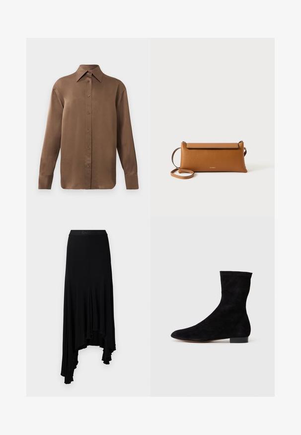 Bruine overhemd met lange mouwen en knopen, voorzien van een spitse kraag en manchetten, op een eenvoudige witte achtergrond weergegeven.; Zwarte asymmetrische rok met een golvende onderrand, gemaakt van zachte, elastische stof, met een brede tailleband met verhoogde branding.; Zwarte suède enkelboot met een aansluitende schacht, puntige neus en een lage blokhak. Gladde textuur en minimalistisch ontwerp, geschikt voor veelzijdige styling.; Bruine lederen clutch, rechthoekige vorm, gestructureerd oppervlak, afneembare schouderband, ritsluiting, subtiel logo op de voorkant geperst.