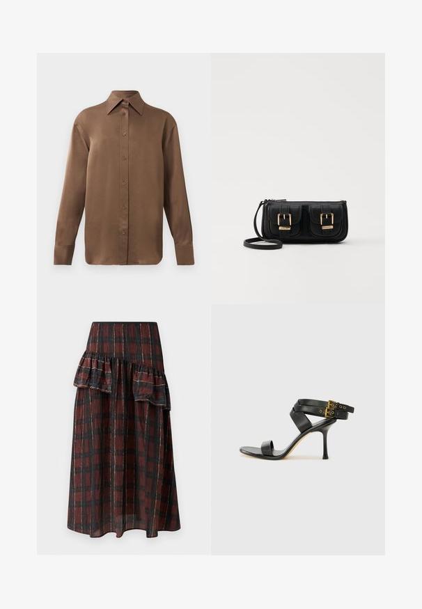 Brown long-sleeve button-up shirt with pointed collar and cuffs, displayed against a plain white background.; Maxi skirt in dark red and black checkered pattern, featuring layered ruffles at the waist, made from lightweight fabric with a soft texture.; Black heeled sandal with crossed straps and adjustable buckle. Features a smooth texture and tapered stiletto heel.; Black leather crossbody bag with two front pockets, gold buckles, zipper closure, and a slim strap. Textured surface and compact rectangular shape.