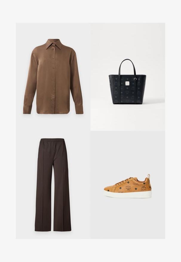 Camisa de botones de manga larga marrón con cuello y puños puntiagudos, exhibida sobre un fondo blanco liso.; Pantalones de pierna ancha en tela marrón oscuro con cinturilla elástica, que presentan una textura suave y líneas limpias para un aspecto ajustado.; Zapatillas de cuero marrón con suelas de goma blanca contrastante, que presentan patrones de diamante negros y logotipos de MCM en el lateral. Incluyen cordones y una lengüeta trasera.; Bolso tote de cuero negro con acabado texturizado, que presenta asas duales y un acento de logo cuadrado. Un patrón de monograma cubre el exterior.