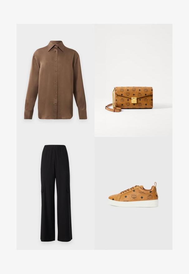 Cămașă lungă cu mânecă, de culoare maro, cu guler și manșete ascuțite, prezentată pe un fundal alb simplu.; Pantaloni negri cu croi larg, confecționați dintr-un material ușor, având o talie elastică, două buzunare frontale și două buzunare laterale de tip cargo.; Tenisi din piele maro cu talpă din cauciuc alb contrastant, având modele în formă de diamant negre și logo-uri MCM pe lateral. Include șireturi și o bandă în spate.; Geantă de mână din piele maro, cu model de logo embossat, hardware aurit, capac rabatabil și un curea detașabilă din lanț și piele. Dimensiunile nu sunt specificate.