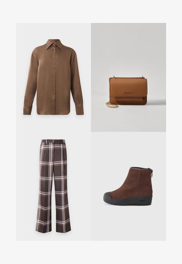 Hnedá košeľa s dlhým rukávom, so zapínaním na gombíky, s špicatým golierom a manžetami, vystavená na jednoduchom bielom pozadí.; Stine Goya FRONT PLEAT LONG STRAIGHT PANTS CASUAL TAILORING - Nohavice - dark brown; Hnedé semišové členková obuv s okrúhlou špičkou, textúrovanou čiernou gumovou podrážkou a bočným zipsom. Jemné logo na päte a pri zipsu.; Hnedá textúrovaná kožená taška cez telo s zlatým reťazovým popruhom a preklopným uzáverom. Predná strana obsahuje detail s logom a vrecko pod preklopkou.