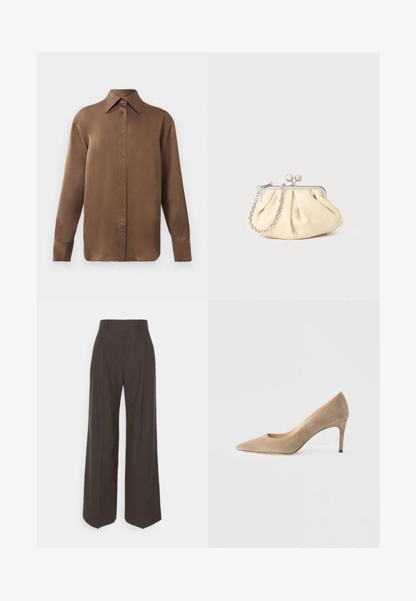 Pruun pikkade varrukatega nööbitav särk terava krae ja mansettidega, esitatud lihtsa valge tausta ees.; Tumepruunid lai jalad püksid kõrge vöökohaga, millel on korralikult pressitud kortsud, sile tekstuur ja täpselt sobiv lõige.; Beige sametist kõrge kontsaga kingad terava ninaga, kerge lõikega disain, õhuke konts ning sile tekstuur. Minimalistlik stiil.; Kortsus beežist nahast kotike, millel on hõbedane metallraam, kaunistatud kahe ümmarguse dekoratiivse lukuga ja hõbedase ketispideme.