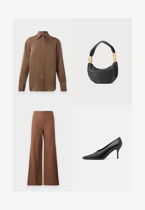 Ruda ilgų rankovių marškiniai su sagomis ir smailiais apykakle bei rankogaliais, išdėstyti prieš paprastą baltą foną.; Rudos plačios kojinės kelnės, pagamintos iš tekstūruotos medžiagos. Jos turi aukštą liemenį su dviem priekinėmis raukšlėmis ir tiesiomis, laisvai krentančiomis kojomis.; GIABORGHINI HARMONIA - Klasikiniai aukštakulniai - black; Juodas odinis rankinukas apvalios formos, minkštos tekstūros su susietu rankena ir auksinės spalvos detalėmis. Užtrauktuko uždarymas.