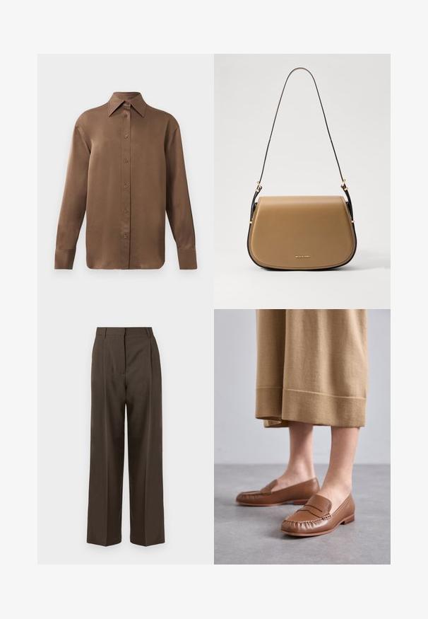 Brown long-sleeve button-up shirt with pointed collar and cuffs, displayed against a plain white background.; Brown wide-leg trousers with a smooth texture, featuring a high waist, front pleats, and a tailored design. No visible pockets or embellishments.; MICHAEL Michael Kors CARLSON LOAFER - Slip-ons - brown; Tan leather crossbody bag with a curved shape, gold hardware accents, and a slim dark strap. Smooth texture with stitching details.