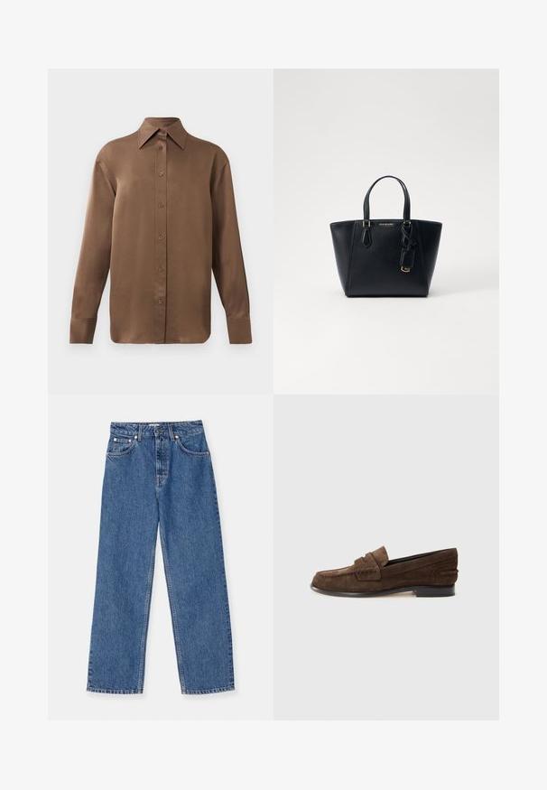 Brown long-sleeve button-up shirt with pointed collar and cuffs, displayed against a plain white background.; Blue denim jeans with a wide-leg cut, classic five-pocket design, and metal hardware accents. Light distressing on fabric present.; Brown suede loafers with a low heel, featuring a stitched apron design and a smooth interior lining. Side accents add texture.; Black leather handbag with a structured shape, short dual handles, gold-tone hardware, and a side tag accessory. Smooth, textured finish.