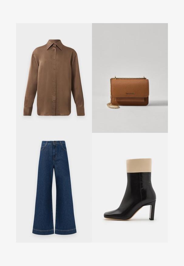 Ruda ilgų rankovių marškiniai su sagomis ir smailiais apykakle bei rankogaliais, išdėstyti prieš paprastą baltą foną.; Plati mėlynos džinsinės kelnės su aukštu liemeniu, turinčios mygtukų užsegimą, diržo kilpas ir subtilius siuvinėjimo akcentus ant kišenių bei apdailos.; Juodas odinis aulinukas su kreminiu akcentu viršuje, smailiu priekiu ir aukštu sidabriniu akcentu ant kulno. Lygus paviršius be matomų raštų.; Ruda tekstūruota odinė per petį nešama rankinė su auksiniu grandininiu dirželiu ir užlenkiamo užsegimo. Priekinėje pusėje yra logotipo detalė ir kišenė po užlenkimu.