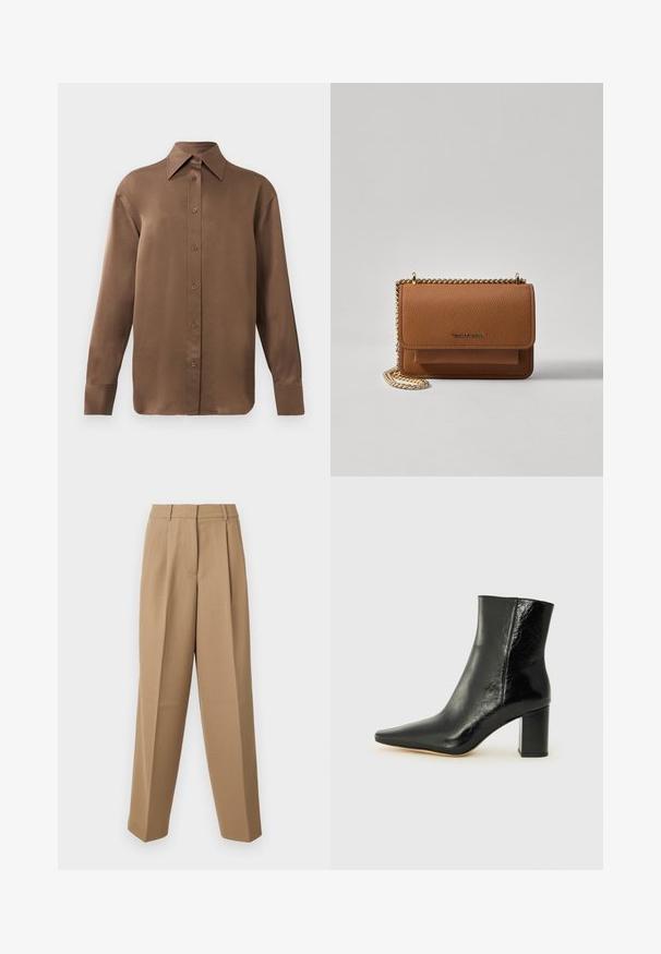 Hnedá košeľa s dlhým rukávom, so zapínaním na gombíky, s špicatým golierom a manžetami, vystavená na jednoduchom bielom pozadí.; Krémové upravené nohavice s vysokým pásom, skladaným predkom a širokým strihom. Tkanina sa zdá byť hladká s jemným leskom.; Čierne členkové čižmy vyrobené z lesklej kože s špicatou špičkou a robustným štvorcovým podpätkom. Majú hladkú textúru a minimalisti design.; Hnedá textúrovaná kožená taška cez telo s zlatým reťazovým popruhom a preklopným uzáverom. Predná strana obsahuje detail s logom a vrecko pod preklopkou.