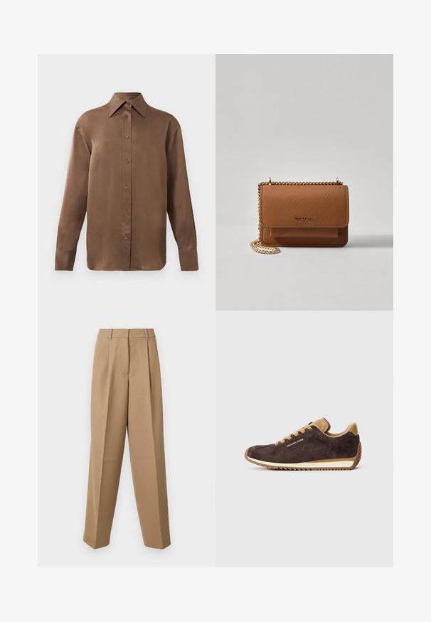 Brązowa, długosleeve koszula z guzikami, z ostrym kołnierzykiem i mankietami, prezentowana na jednolitym białym tle.; Beżowe spodni z wysokim stanem, z przodem plisowanym i szerokimi nogawkami. Materiał wydaje się gładki z delikatnym połyskiem.; Brązowe zamszowe sneakersy z tanowymi skórzanymi akcentami, z okrągłymi sznurowadłami, beżową gumową podeszwą i logo "Michael Kors" na zewnętrznej stronie.; Brązowa skórzana torba na ramię z teksturą, z złotym łańcuszkiem i zapięciem na klapkę. Z przodu znajduje się detal z logo oraz kieszeń pod klapką.