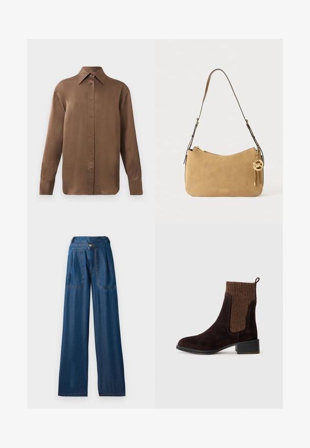 Camisa de botones de manga larga marrón con cuello y puños puntiagudos, exhibida sobre un fondo blanco liso.; Pantalones vaqueros de pierna ancha en azul oscuro, hechos de denim, que presentan dos bolsillos frontales, un cierre de botón y detalles de costura en naranja contrastante.; Botín de ante marrón con parte superior de punto acanalado texturizado en marrón, acabado suave, tacón bajo en bloque y una lengüeta en el talón para facilitar su uso.; Bolso de hombro de ante color marrón claro con forma curva, herrajes dorados y cierre de cremallera. Presenta un charm adjunto con las iniciales "MK".