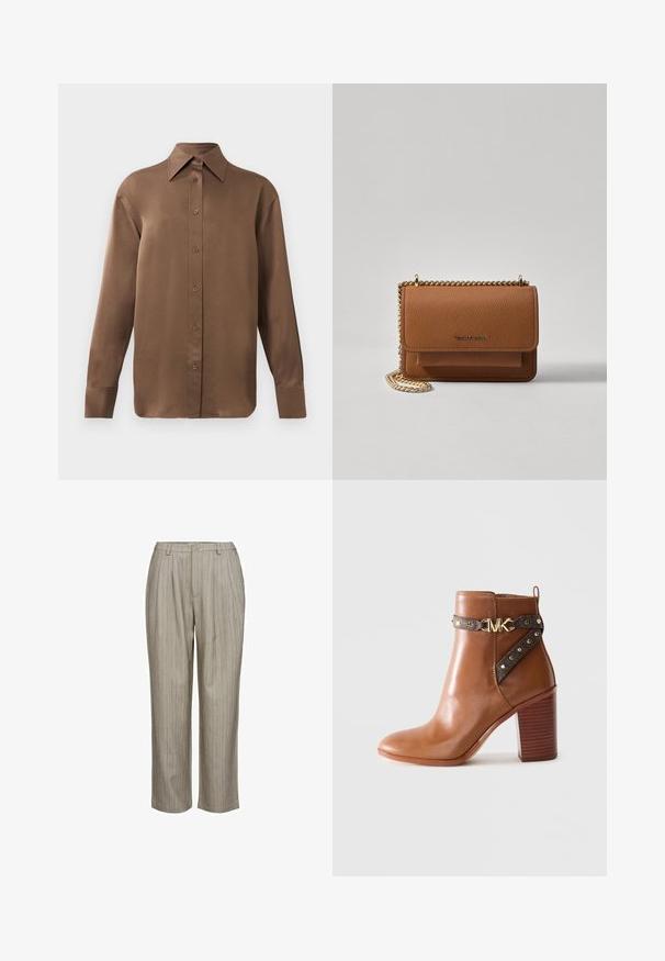 Bruine overhemd met lange mouwen en knopen, voorzien van een spitse kraag en manchetten, op een eenvoudige witte achtergrond weergegeven.; Lichtgrijze geplooide broek met verticale strepen, gemaakt van een textuurstof. Kenmerkt zich door een tailleband met een enkele knoop en een recht model.; Bruine leren enkellaars met een gestapelde blokhak, zijriem met gouden studs en een gouden "MK" logo gesp.; Bruine lederen schoudertas met textuur, voorzien van een gouden kettingstrap en klepsluiting. De voorkant heeft een logo-detail en een zak onder de klep.