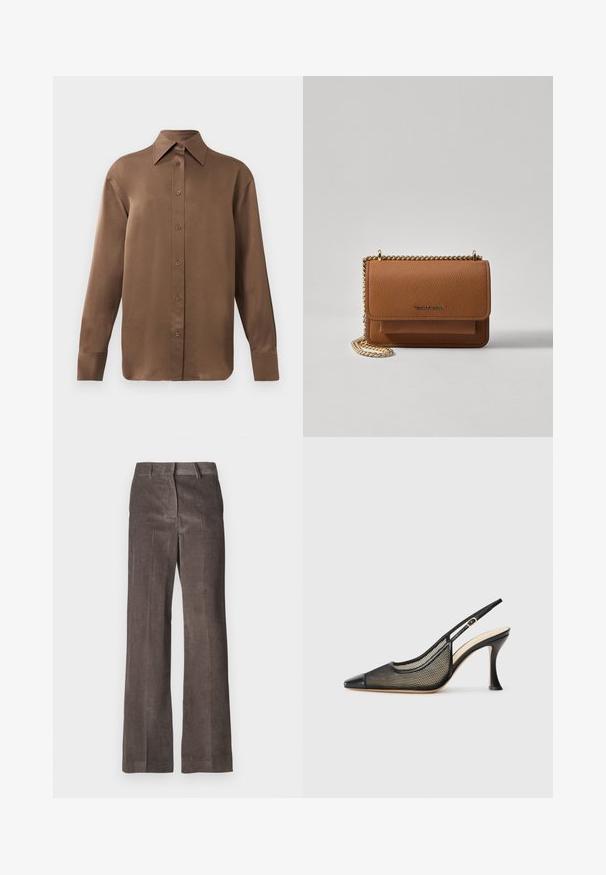Camisa branca de mangas longas com botões e colarinho pontudo, exibida contra um fundo branco liso.; Calças de veludo corduroy castanhas com um design de perna reta, textura ribada vertical e uma cintura padrão com passadores para cinto.; Sandal de salto alto preto com biqueira fina, detalhes em malha e um bico de pele lisa. As cores incluem preto com acentos em bege.; Bolsa crossbody de couro texturizado castanho com alça de corrente dourada e fecho com aba. A parte da frente apresenta detalhe do logótipo e um bolso sob a aba.