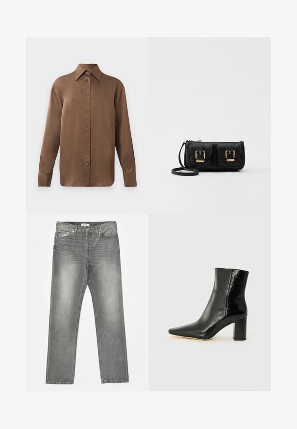 Camisa branca de mangas longas com botões e colarinho pontudo, exibida contra um fundo branco liso.; RE/DONE EASY - Calças de ganga de perna direita - grigio; Botim preto até ao tornozelo, feito de couro brilhante, com bico apontado e um salto grosso e quadrado. Apresenta uma textura suave e um design minimalista.; Bolsa de ombro em couro preto com dois bolsos frontais, fivelas douradas, fecho de zíper e uma alça fina. Superfície texturizada e forma retangular compacta.