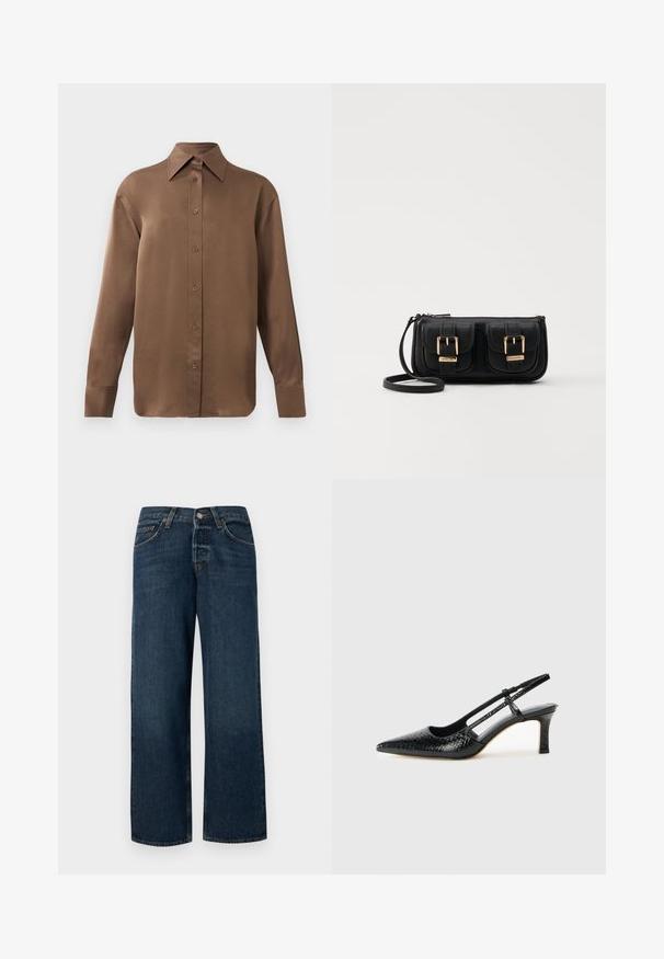 Rjav dolg rokav s srajco s gumbi in koničastimi ovratniki in manšetami, prikazana na enostavni beli podlagi.; Temno modri jeans s ravnim krojem, petimi žepi in kovinsko opremo. Imajo rahlo zbledelost in čist rob.; Črne lakaste slingback pete s koničastim nosom, ki imajo teksturiran vzorec kačje kože, nastavljiv trak in kratek teksturiran blok peto.; Črna usnjena torbica čez ramo z dvema sprednjima žepoma, zlatimi zaponkami, zadrgo in ozkim pasom. Tekstura površine je strukturirana, obliko pa ima kompaktno pravokotno.