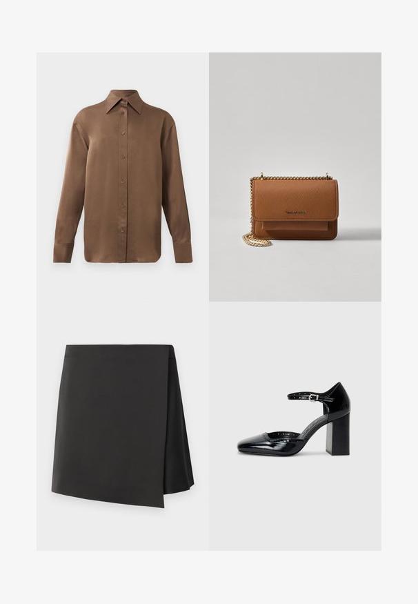 Bruine overhemd met lange mouwen en knopen, voorzien van een spitse kraag en manchetten, op een eenvoudige witte achtergrond weergegeven.; Zwarte hooggewaiste minirok met een asymmetrische zoom, gemaakt van gladde stof, heeft een minimalistisch ontwerp zonder versieringen.; Zwarte lakleren hoge hakken met een vierkante neus, enkelbandje en een chunky hak. Inclusief geperforeerde details langs de rand.; Bruine lederen schoudertas met textuur, voorzien van een gouden kettingstrap en klepsluiting. De voorkant heeft een logo-detail en een zak onder de klep.