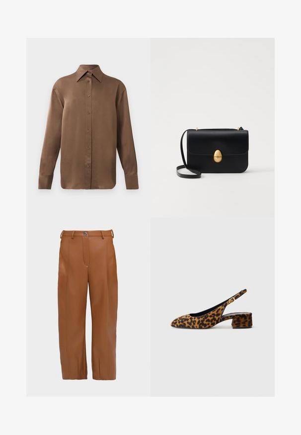 Barna, hosszúujjú, gombos ing, hegyes gallérral és mandzsettákkal, egyszerű fehér háttér előtt kiemelve.; Barna műbőr nadrág egyenes szabással, elülső varrással, két övhurkkal és egy gombos záródással a derékvonalnál.; Női leopárdmintás, csak hátsó pánttal rendelkező cipő, alacsony tömbsarkúval és arany csattal az oldalpánton, oldalsó profilban látható, sima háttéren.; Fekete bőr kézitáska, struktúrált, téglalap alakú formával. Arany ovális kapoccsal és vékony vállpánttal rendelkezik. Sima textúrájú.
