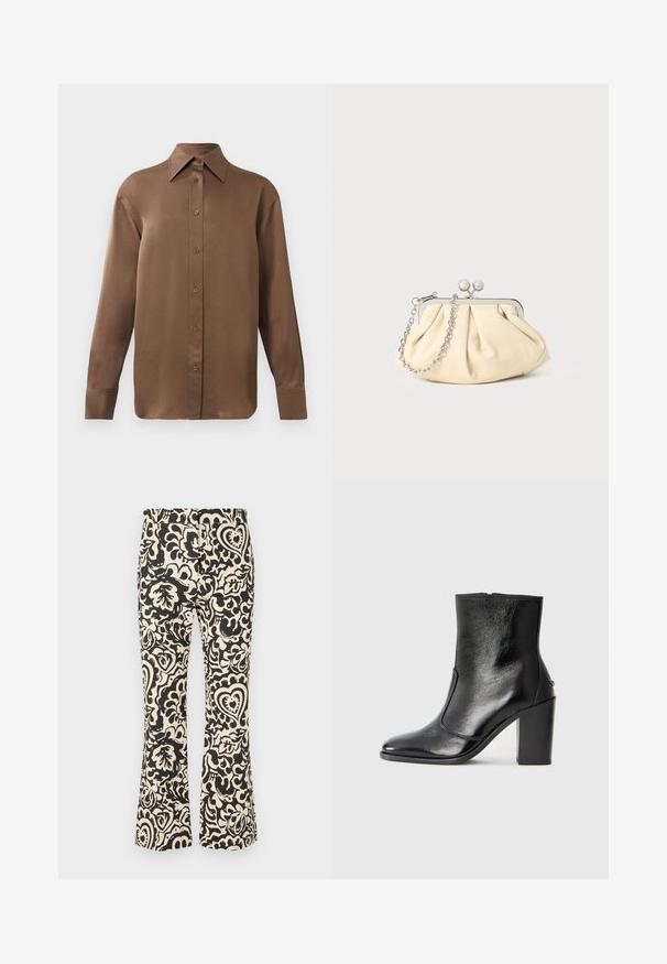 Chemise marron à manches longues avec un col et des poignets pointus, présentée sur un fond blanc uni.; Pantalons évasés en tissu léger, avec un motif floral noir et crème comprenant des cœurs et des feuilles, et une texture lisse.; Bottine en cuir noir, avec une texture lisse, un bout pointu et un talon chunky haut. Présente une ouverture sur le côté et un design minimaliste.; Pochette en cuir beige plissé avec un cadre en métal argenté, dotée de deux fermoirs ronds décoratifs et d'une chaîne en argent.