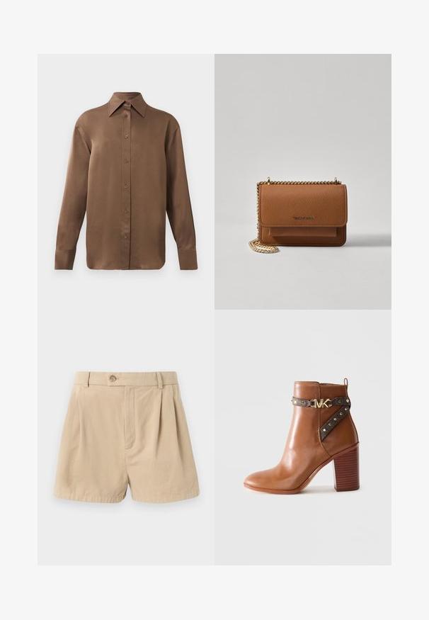 Camicia marrone a maniche lunghe con bottone, colletto e polsini a punta, esposta su uno sfondo bianco uniforme.; Filippa K HIGH WAIST PLEATED - Shorts - beige; Stivale alla caviglia in pelle marrone con tacco a blocco impilato, cinturino laterale con borchie dorate e una fibbia con logo "MK" dorato.; Borsa a tracolla in pelle marrone con texture, dotata di catena dorata e chiusura a pattina. Sul davanti presenta un dettaglio con logo e una tasca sotto la pattina.