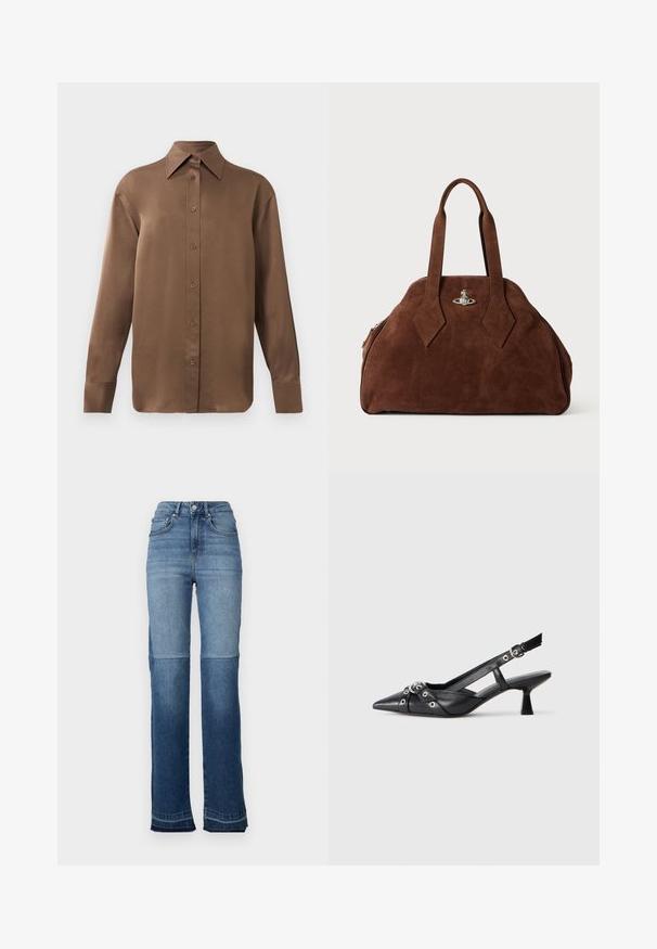 Camisa de botones de manga larga marrón con cuello y puños puntiagudos, exhibida sobre un fondo blanco liso.; Jeans de mezclilla de tiro alto con un degradado de azul claro a oscuro, diseño de pierna recta y dobladillos deshilachados en los puños.; Zapato de slingback negro de piel con punta afilada, correas decorativas con ojales de metal y un tacón bajo y ancho. Superficie texturizada.; Bolso de ante marrón con una forma estructurada, cuerpo redondeado y asas alargadas en forma de diamante. Presenta un cierre de hardware plateado.