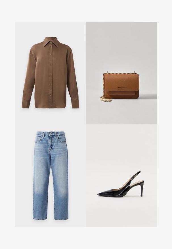 Ruda ilgų rankovių marškiniai su sagomis ir smailiais apykakle bei rankogaliais, išdėstyti prieš paprastą baltą foną.; Šviesiai mėlyni džinsai su aukštu liemeniu, plačiomis kojomis, matomu siuvimu ir penkiais kišeniais, turintys klasikinį užsegimą su mygtuku ir užtrauktuku.; Juodas lakinės odos slingback batelis su smailiu nosiu, plonu kulnu ir subtiliu išpjovos dizainu. Yra auksinė sagtis ant dirželio.; Ruda tekstūruota odinė per petį nešama rankinė su auksiniu grandininiu dirželiu ir užlenkiamo užsegimo. Priekinėje pusėje yra logotipo detalė ir kišenė po užlenkimu.