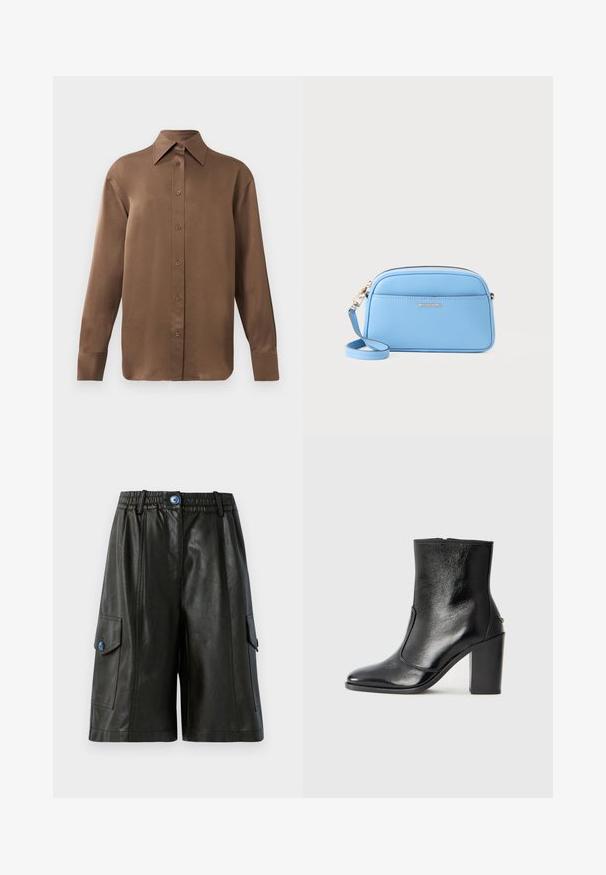 Cămașă lungă cu mânecă, de culoare maro, cu guler și manșete ascuțite, prezentată pe un fundal alb simplu.; Pantaloni scurți cargo negri din piele cu talie elastică, având două buzunare laterale, un fermoar frontal și un accent cu un buton albastru.; Botină din piele neagră, cu o textură netedă, vârf ascuțit și toc gros, înalt. Dispune de o deschidere laterală și un design minimalist.; Geantă de umăr din piele albastru deschis, cu accente aurii, închidere cu fermoar și un buzunar frontal. Dispune de o curea ajustabilă pentru confort.