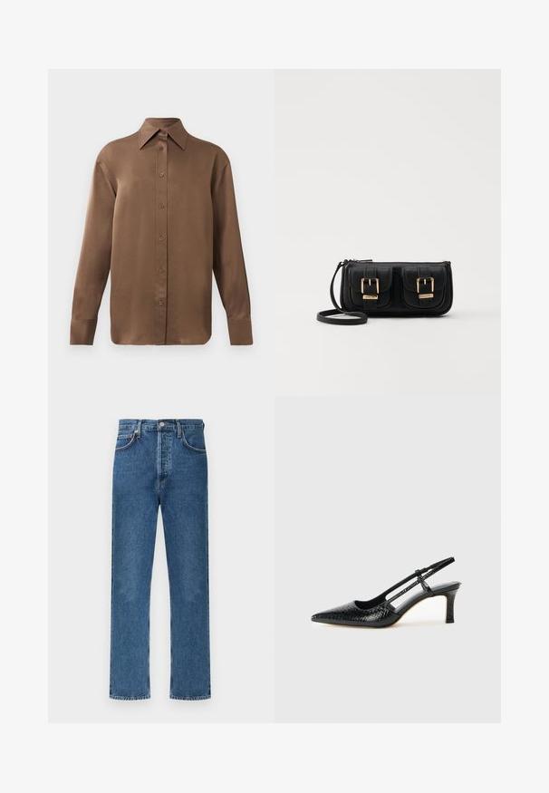 Brun långärmad skjorta med knäppning, spettdetalj på kragen och manschetterna, uppvisad mot en vit bakgrund.; Blå jeans i denim med rak skärning, med klassisk femficksdesign, exponerad knappgylf och subtila söm detaljer.; Svart lackskin slingback-häl med spetsig tå, med texturerad ormskinnsprint, justerbar rem och en kort, texturerad blockklack.; Svart läderaxelväska med två framfickor, guldspännen, dragkedjestängning och en smal rem. Texturerad yta och kompakt rektangulär form.