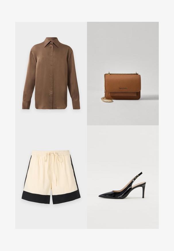 Bruine overhemd met lange mouwen en knopen, voorzien van een spitse kraag en manchetten, op een eenvoudige witte achtergrond weergegeven.; Crème-kleurige shorts met een zwarte zoom, elastische tailleband en een trekkoord aan de voorkant. De zijkanten hebben zwarte accenten, wat zorgt voor een sportief ontwerp.; Zwarte gepatineerde leren slingback pump met een puntige neus, slanke hak en een subtiel uitgesneden ontwerp. Bevat een gouden gesp op de band.; Bruine lederen schoudertas met textuur, voorzien van een gouden kettingstrap en klepsluiting. De voorkant heeft een logo-detail en een zak onder de klep.