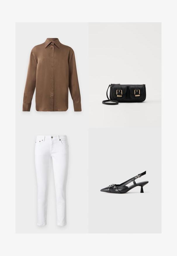 Brown long-sleeve button-up shirt with pointed collar and cuffs, displayed against a plain white background.; White denim jeans with a slim fit, five-pocket design, button closure, and subtle stitching details on front and back pockets.; Black leather slingback shoe with a pointed toe, decorative straps featuring metal eyelets, and a low block heel. Textured surface.; Black leather crossbody bag with two front pockets, gold buckles, zipper closure, and a slim strap. Textured surface and compact rectangular shape.