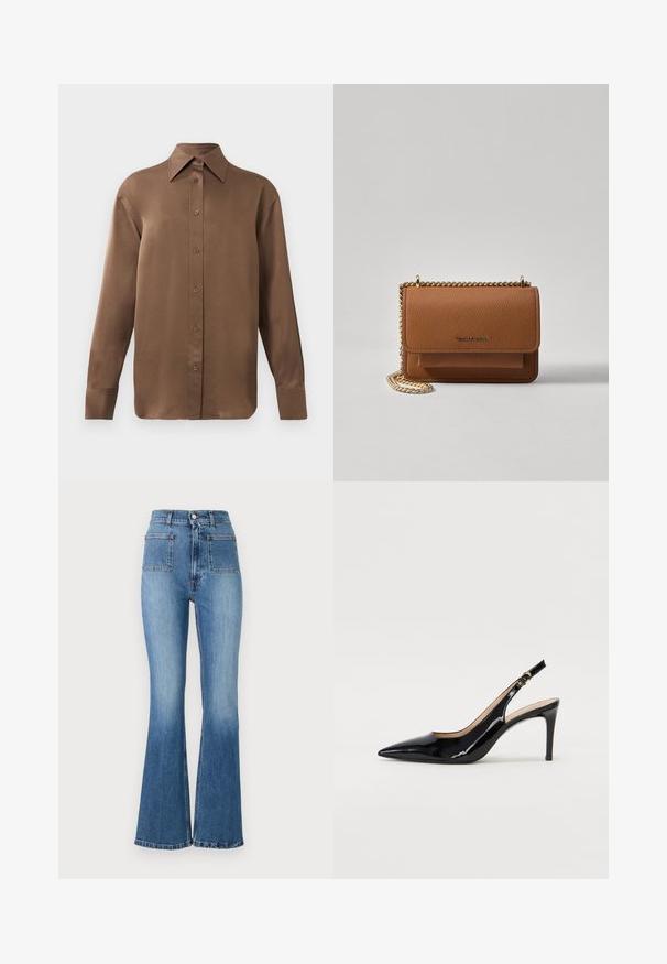 Bruine overhemd met lange mouwen en knopen, voorzien van een spitse kraag en manchetten, op een eenvoudige witte achtergrond weergegeven.; Uitlopers van blauwe denim jeans met een hoge taille, voorzien van twee achterzakken en een vervaagde was. De zoom is gestikt met een subtiel ontwerp.; Zwarte gepatineerde leren slingback pump met een puntige neus, slanke hak en een subtiel uitgesneden ontwerp. Bevat een gouden gesp op de band.; Bruine lederen schoudertas met textuur, voorzien van een gouden kettingstrap en klepsluiting. De voorkant heeft een logo-detail en een zak onder de klep.