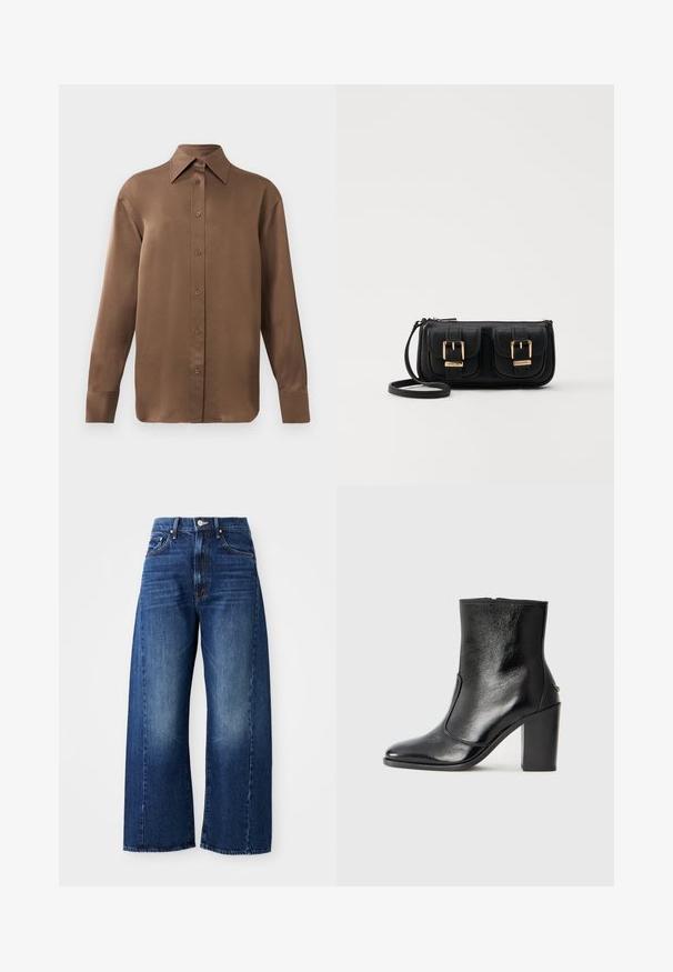 Barna, hosszúujjú, gombos ing, hegyes gallérral és mandzsettákkal, egyszerű fehér háttér előtt kiemelve.; Sötétkék farmer széles lábú nadrág, magas derekú, öt zsebes dizájnnal, enyhe kopással a combokon.; Fekete bőr bokacipő sima textúrával, hegyes orral és vastag, magas sarkával. Oldalnyílással és minimalista dizájnnal rendelkezik.; Fekete bőr keresztbody táska két elülső zsebbel, arany csattokkal, cipzáras záródással és vékony pánttal. Textúrált felület és kompakt téglalap alak.