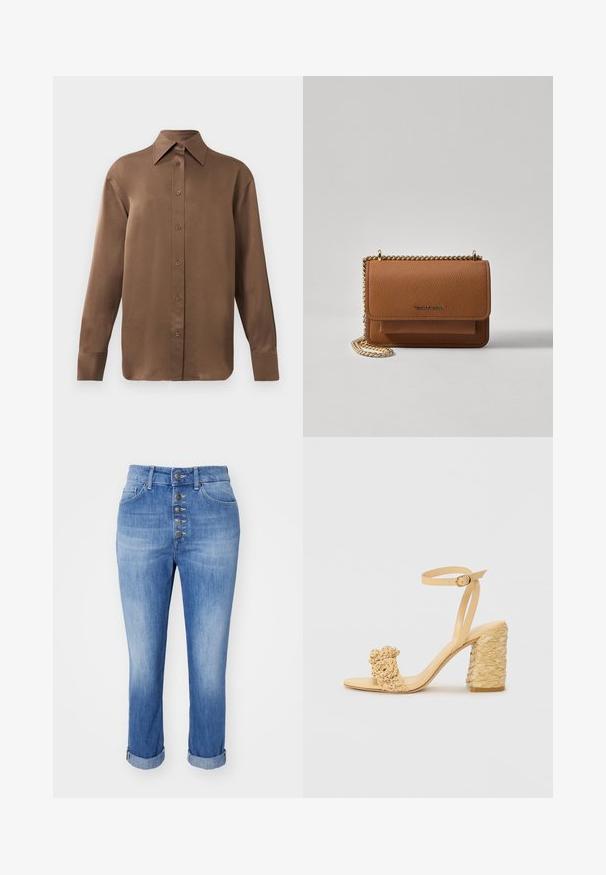 Kahvi pitkähihainen napitettava paita, jossa on terävä kaulus ja hihansuut, esillä yksinkertaisen valkoisen taustan edessä.; Dondup KOONS - Relaxed fit -farkut - blue; Beige korkokengät, joissa on punottu pinta, koristeellinen kukka ja nilkkaremmi. Neliön muotoinen korko lisää vakautta.; Ruskean teksturoidun nahkasta valmistettu crossbody-laukku, jossa on kultaketjuhihna ja läppäkiinnitys. Edessä on logodetail ja tasku läppäisen alla.