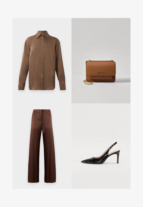 Hnedá košeľa s dlhým rukávom, so zapínaním na gombíky, s špicatým golierom a manžetami, vystavená na jednoduchom bielom pozadí.; Hnedé nohavice s širokým strihom vyrobené z hladkej, ľahkej látky, s plochým predným dielom, bez vreciek a s rovným siluetom.; Čierne lakované kožené slingback lodičky s špicatou špičkou, štíhlým podpätkom a jemným výrezom. Obsahuje zlatú pracku na remienku.; Hnedá textúrovaná kožená taška cez telo s zlatým reťazovým popruhom a preklopným uzáverom. Predná strana obsahuje detail s logom a vrecko pod preklopkou.