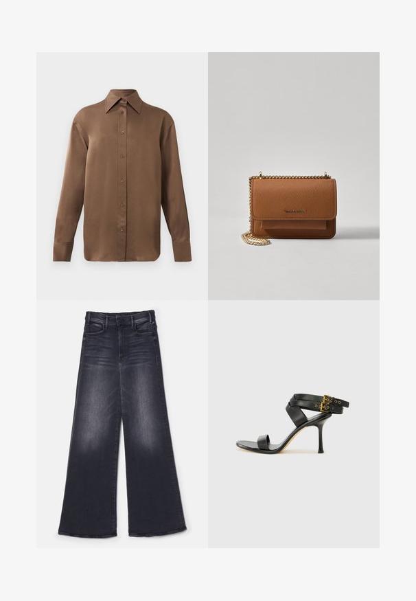 Brun langærmet skjorte med knapper, spids krave og manchetter, vist mod en simpel hvid baggrund.; Mother THE HUSTLER ROLLER SNEAK - Wide leg - not today satan; Sort hæl-sandal med krydsede stropper og justerbar spænde. Har en glat overflade og spids stilettohæl.; Brun tekstureret læder crossover-taske med guldkæde-rem og klaplukning. Forsiden har logo-detalje og en lomme under klappen.