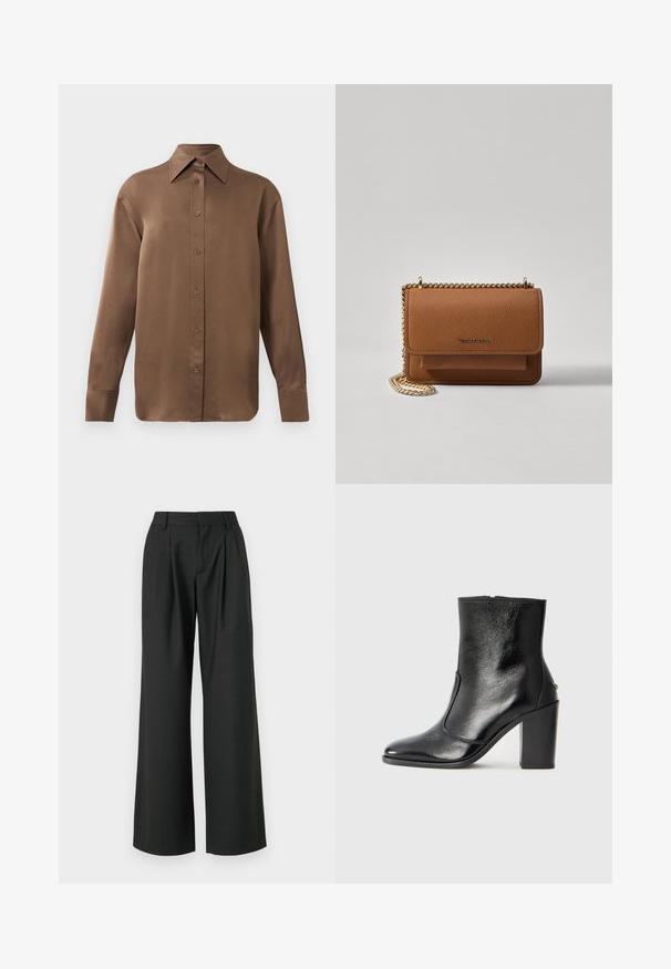 Brown long-sleeve button-up shirt with pointed collar and cuffs, displayed against a plain white background.; Won Hundred CAMILLE TROUSERS - Trousers - licorice; Black leather ankle boot with a smooth texture, pointed toe, and a chunky high heel. Features a side opening and minimalistic design.; Brown textured leather crossbody bag with gold chain strap and flap closure. Front features logo detail and a pocket under the flap.