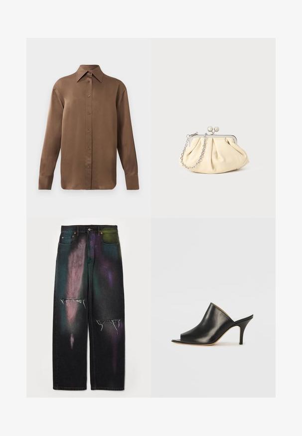 Brun långärmad skjorta med knäppning, spettdetalj på kragen och manschetterna, uppvisad mot en vit bakgrund.; MM6 Maison Margiela PANTS 5 POCKETS - Jeans relaxed fit - black; Svart läder öppen tå mule med en stilren, böjd design, hög stilettklack och slät yta. Inredningen har en kontrasterande ljus färg.; Plisserad beige läderclutch med en silvermetallram, som har två runda dekorativa lås och en silverkedjestrap.