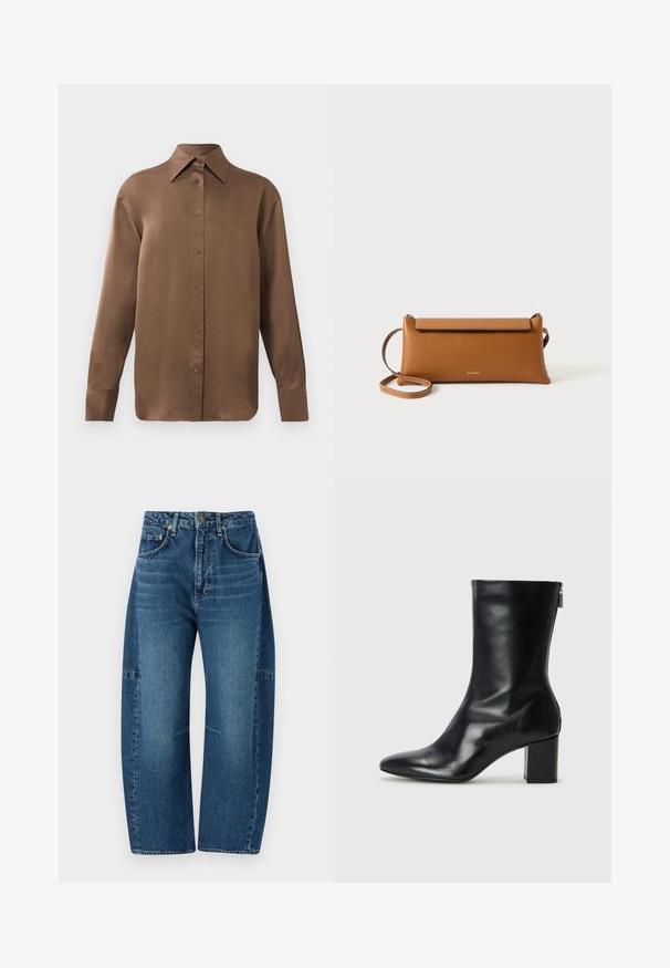 Brązowa, długosleeve koszula z guzikami, z ostrym kołnierzykiem i mankietami, prezentowana na jednolitym białym tle.; rag & bone CHARLIE ciemnoniebieski; Czarne skórzane botki za kostkę z wydłużonym noskiem i 4-centymetrowym słupkowym obcasem. Smukły design z bocznym zamkiem ułatwiającym zakładanie. Gładka tekstura.; Brązowa skórzana torebka kopertówka, prostokątny kształt, teksturowana powierzchnia, odczepiany pasek, zamek błyskawiczny, delikatne logo wytłoczone z przodu.