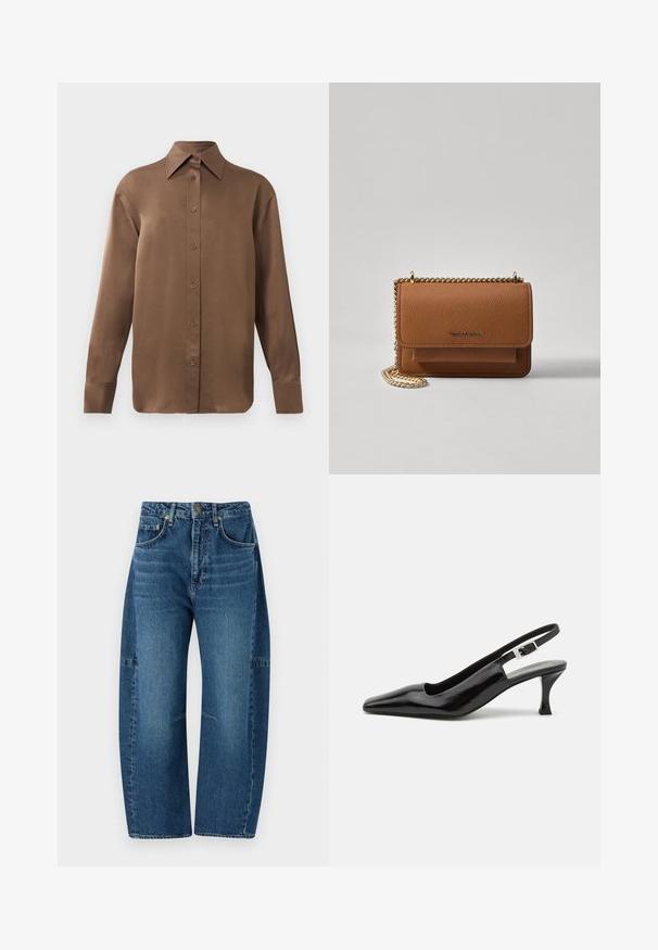 Brown long-sleeve button-up shirt with pointed collar and cuffs, displayed against a plain white background.; rag & bone CHARLIE BARREL JEAN - Wide Leg - dark blue denim; Black patent slingback high-heel shoes with a pointed toe and a silver buckle detail at the heel, featuring a smooth, glossy finish.; Brown textured leather crossbody bag with gold chain strap and flap closure. Front features logo detail and a pocket under the flap.
