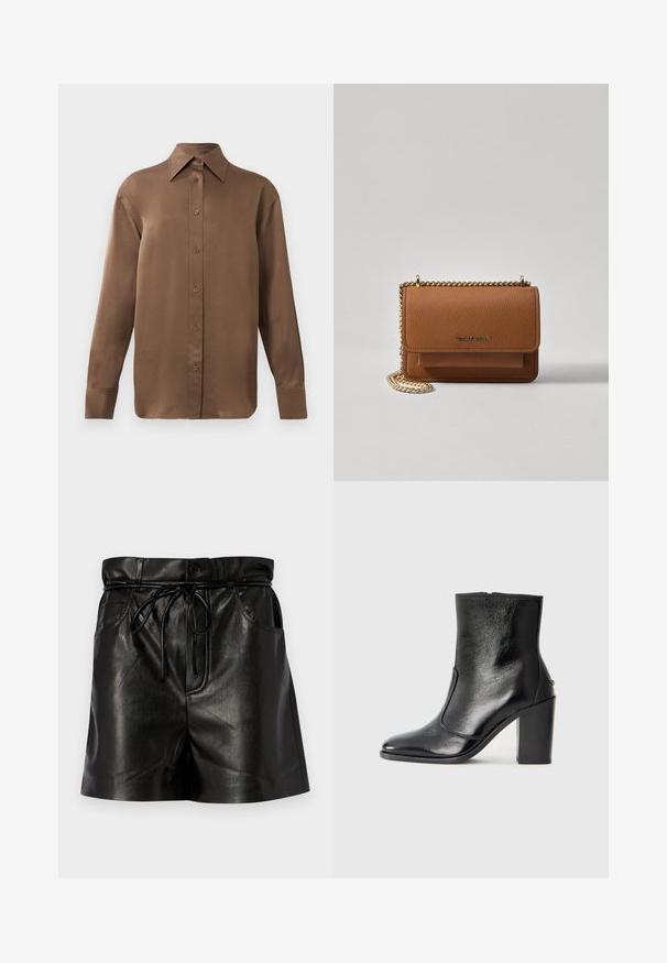 Καφέ μακρυμάνικο πουκάμισο με κουμπιά και μυτερό γιακά και μανσέτες, τοποθετημένο σε λευκό φόντο.; Μαύρες δερμάτινες βερμούδες με ψηλή μέση, κορδόνι για προσαρμογή και πλαϊνές τσέπες. Γυαλιστερή εμφάνιση με εμφανή ραφές.; Μαύρο δερμάτινο μποτάκι έως τον αστράγαλο με απλή υφή, μυτερή μύτη και χοντρό ψηλό τακούνι. Διαθέτει πλαϊνό άνοιγμα και μινιμαλιστικό σχέδιο.; Καφέ δερμάτινη τσάντα χιαστί με υφή, με χρυσή αλυσίδα στον ιμάντα και κλείσιμο με καπάκι. Στο μπροστινό μέρος υπάρχει λεπτομέρεια με λογότυπο και μία τσέπη κάτω από το καπάκι.